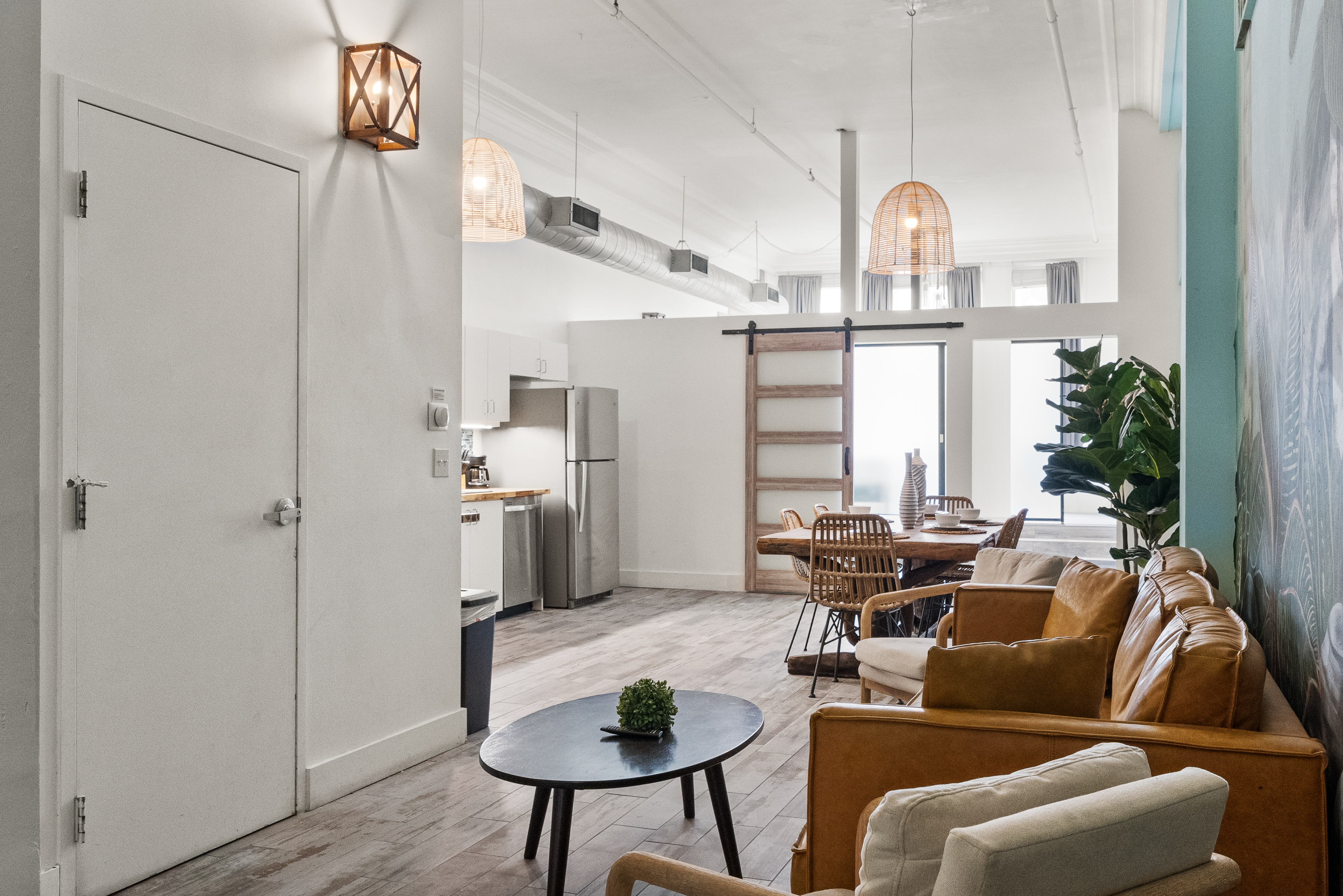 Unit 201 Jungle — open living area with rattan furniture and barn door