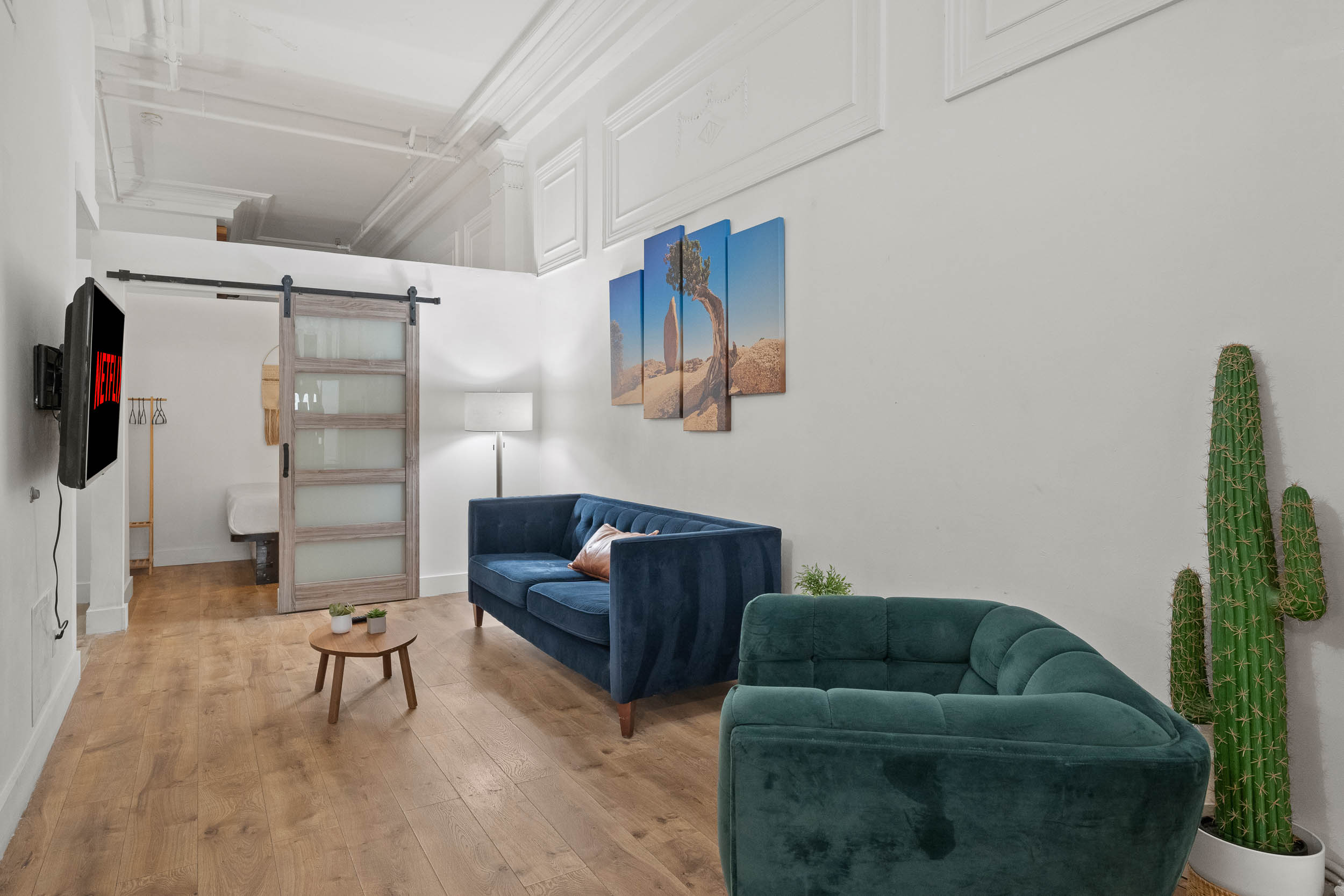 Unit 203 Joshua Tree — blue velvet sofas and cactus plants